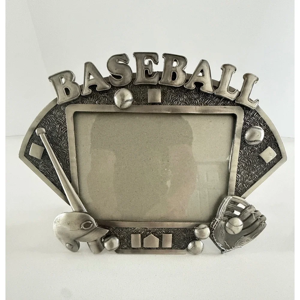 Vintage Baseball Pewter Style Picture Frame‎ Sports Theme 3D Mitt Bat Helmet
